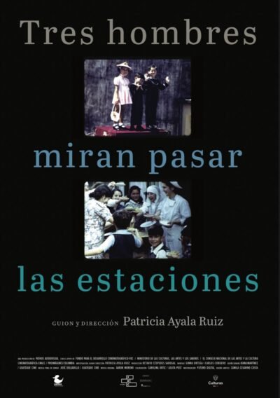 tres hombres miran pasar las estaciones Afiche
